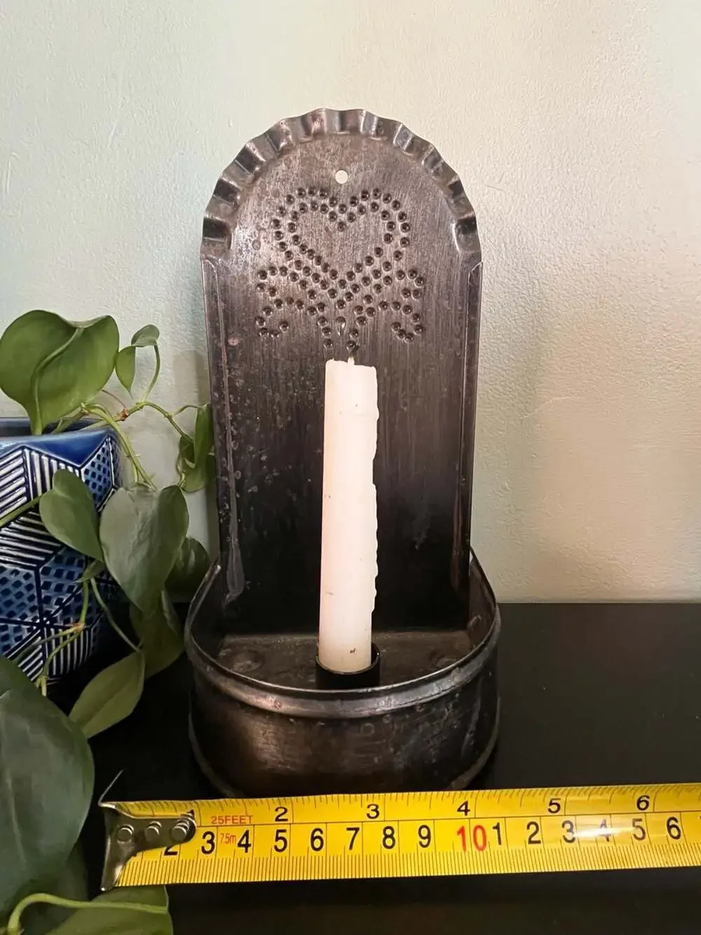 Primitive Punched Tin Heart Wall Sconce Candle Holder - Picture 2 of 6